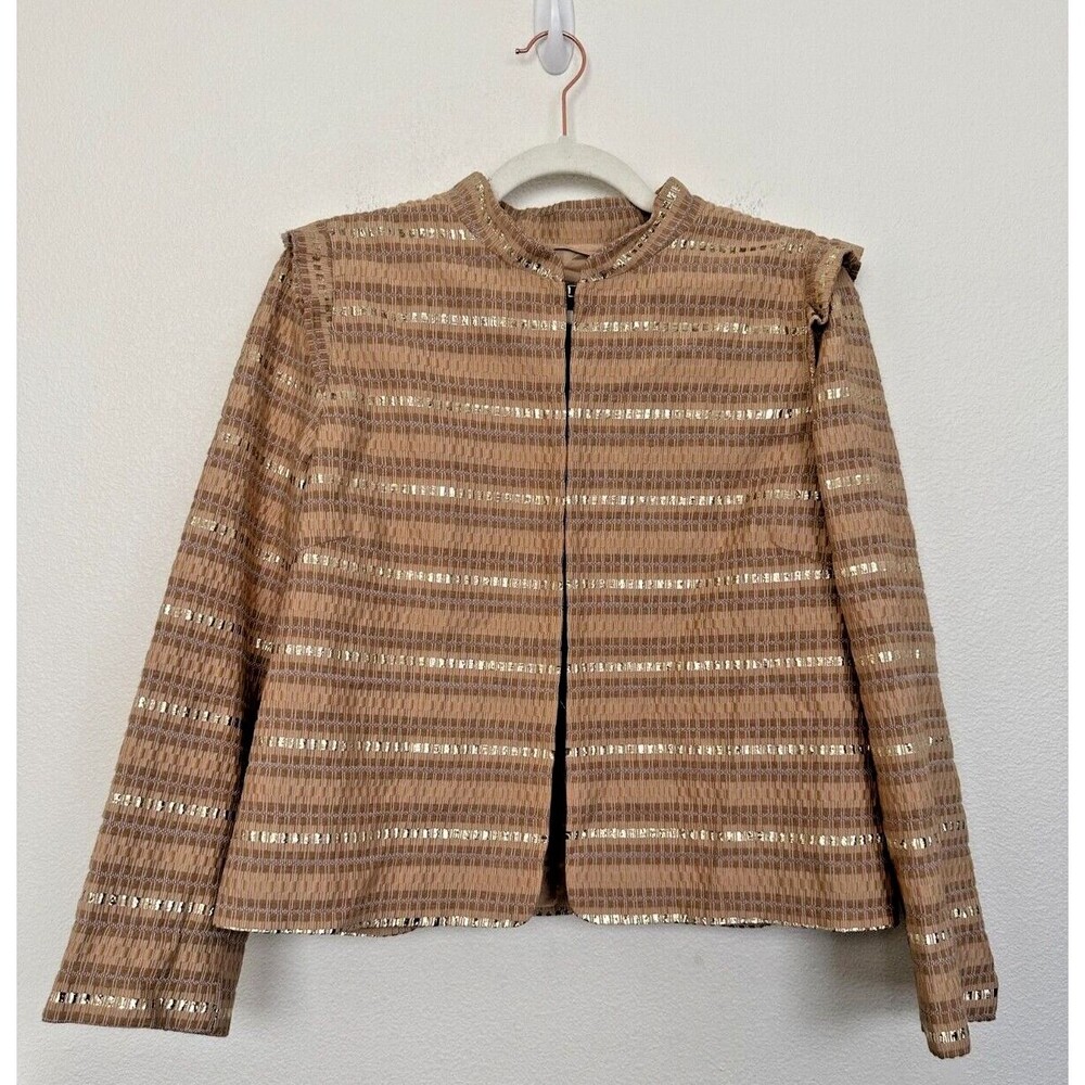 Marella Ruffle Gold Embroidered Stripe Blazer Mock Neck Clasp Women's Size 12